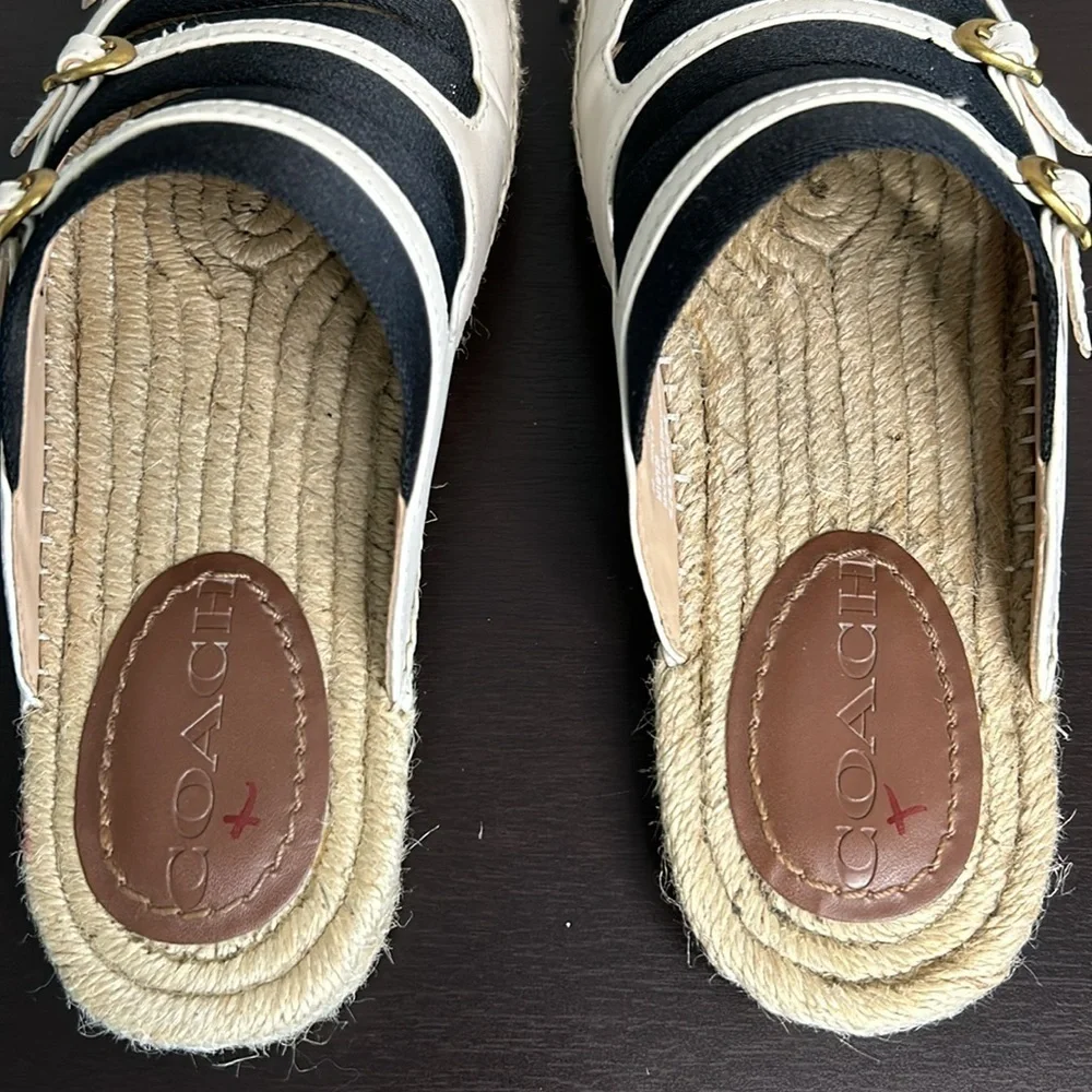 COACH Devon Espadrille Sandal Leather Slip On Slide Shoe Black White Sz 5 NEW